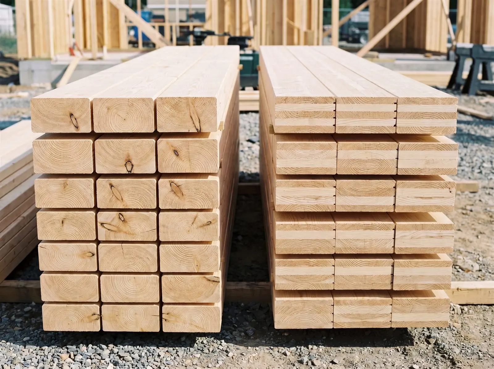 Stapel aus Konstruktionsvollholz und Brettschichtholz nebeneinander auf einer Baustelle