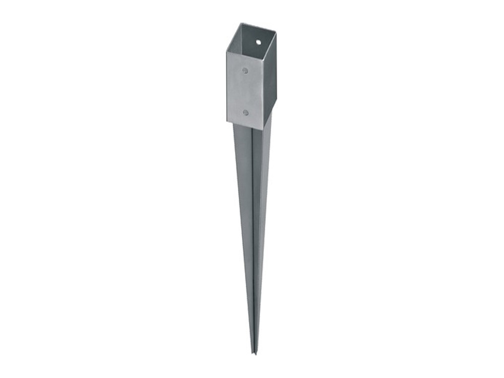 91x91 mm Einschlagbodenhülsen, feuerverzinkt, 900 mm Gesamtlänge und 150 mm Pfosteneinstand, 2 mm stark