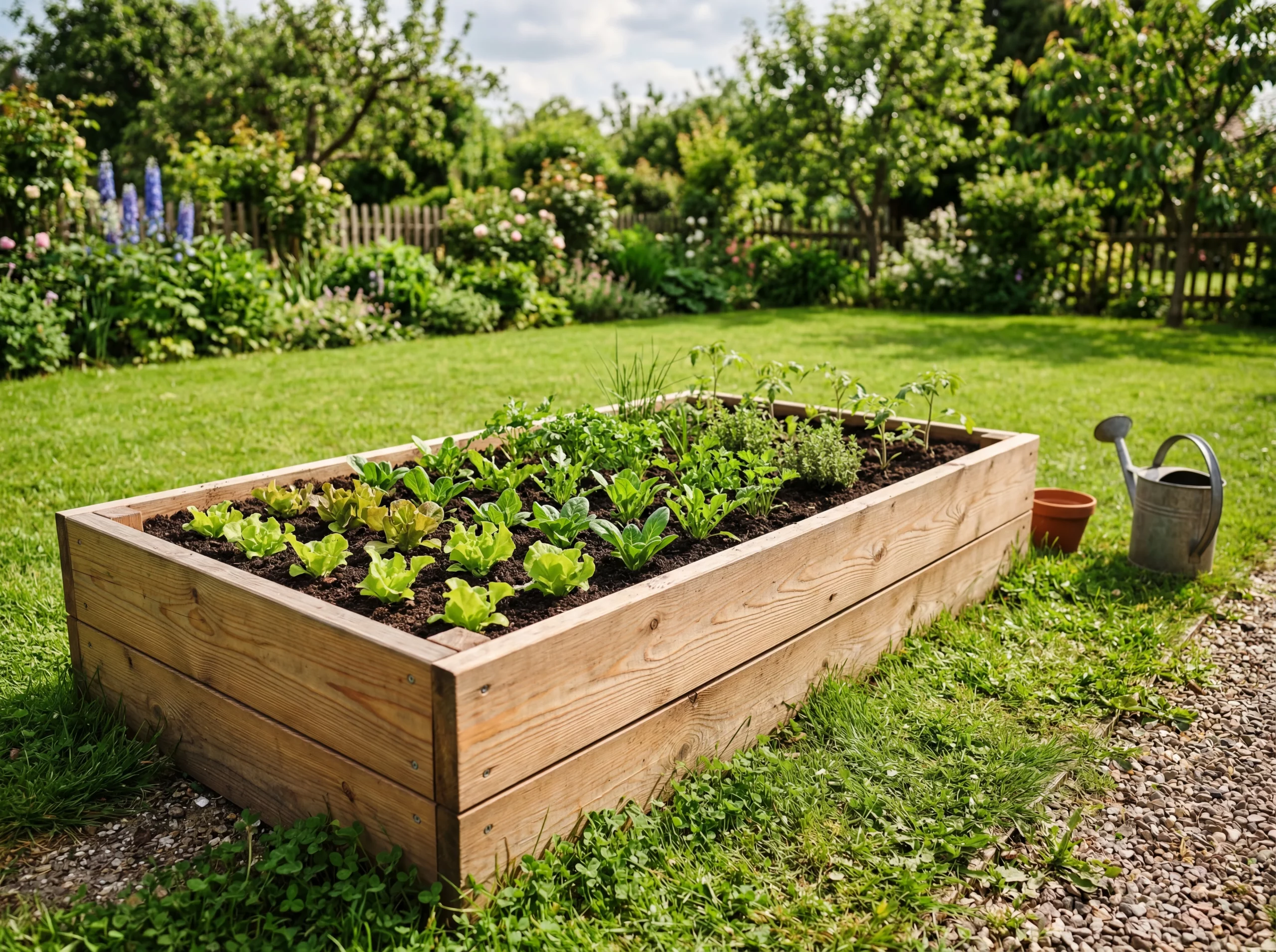Fertiges Hochbeet aus Lärchenholz im sonnigen Garten, gefüllt mit Erde und jungen Gemüsepflanzen, grüner Rasen im Hintergrund