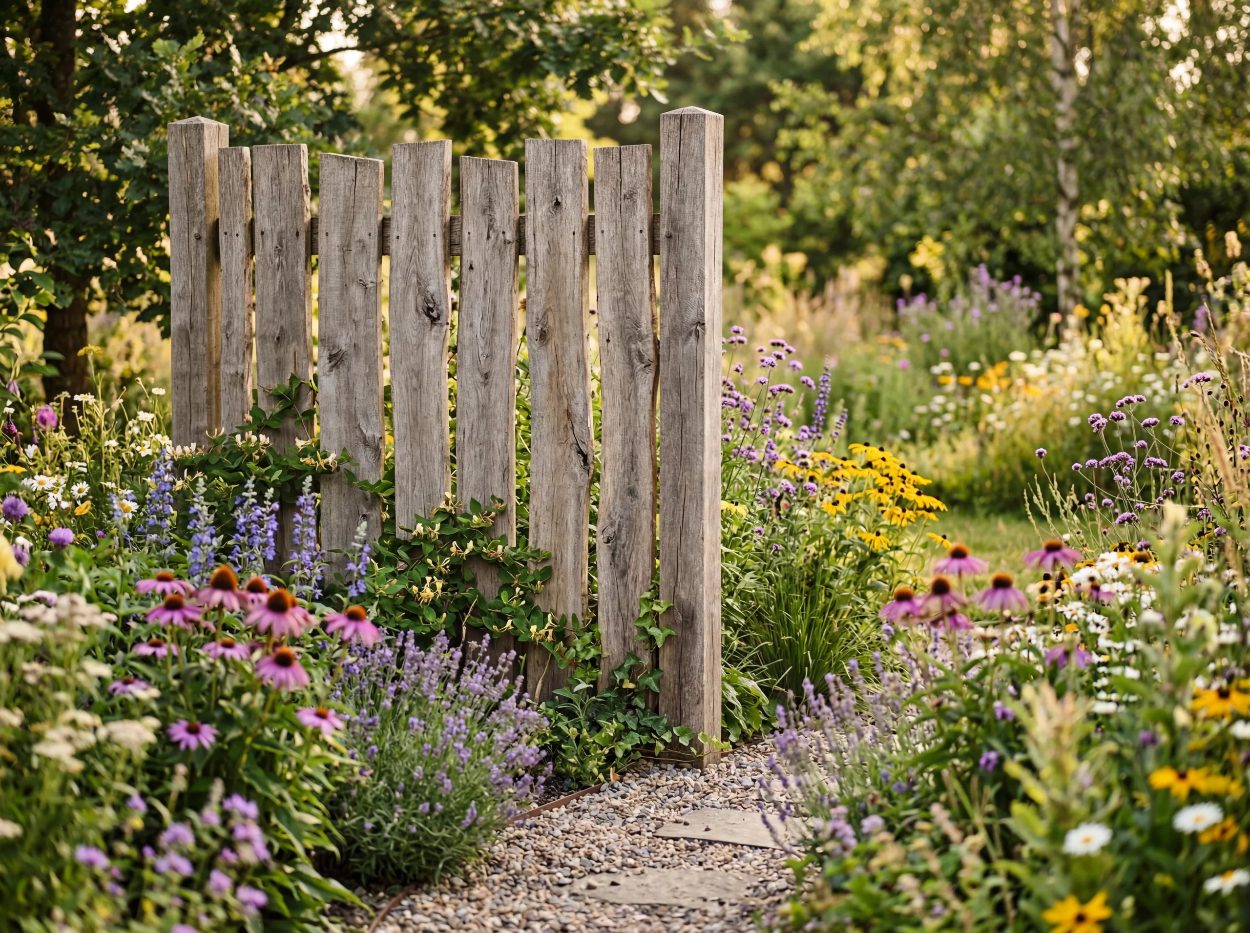 Rustikale Sichtschutzwand aus massivem Robinienholz, naturbelassen und unbehandelt, umgeben von naturnahem Garten mit heimischen Stauden und Wildblumen