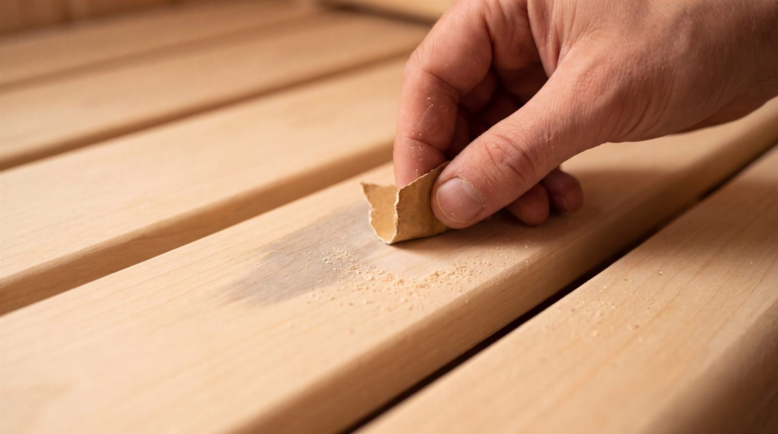 Hand schleift mit feinem Schleifpapier einen Fleck auf einer Saunabank aus hellem Holz