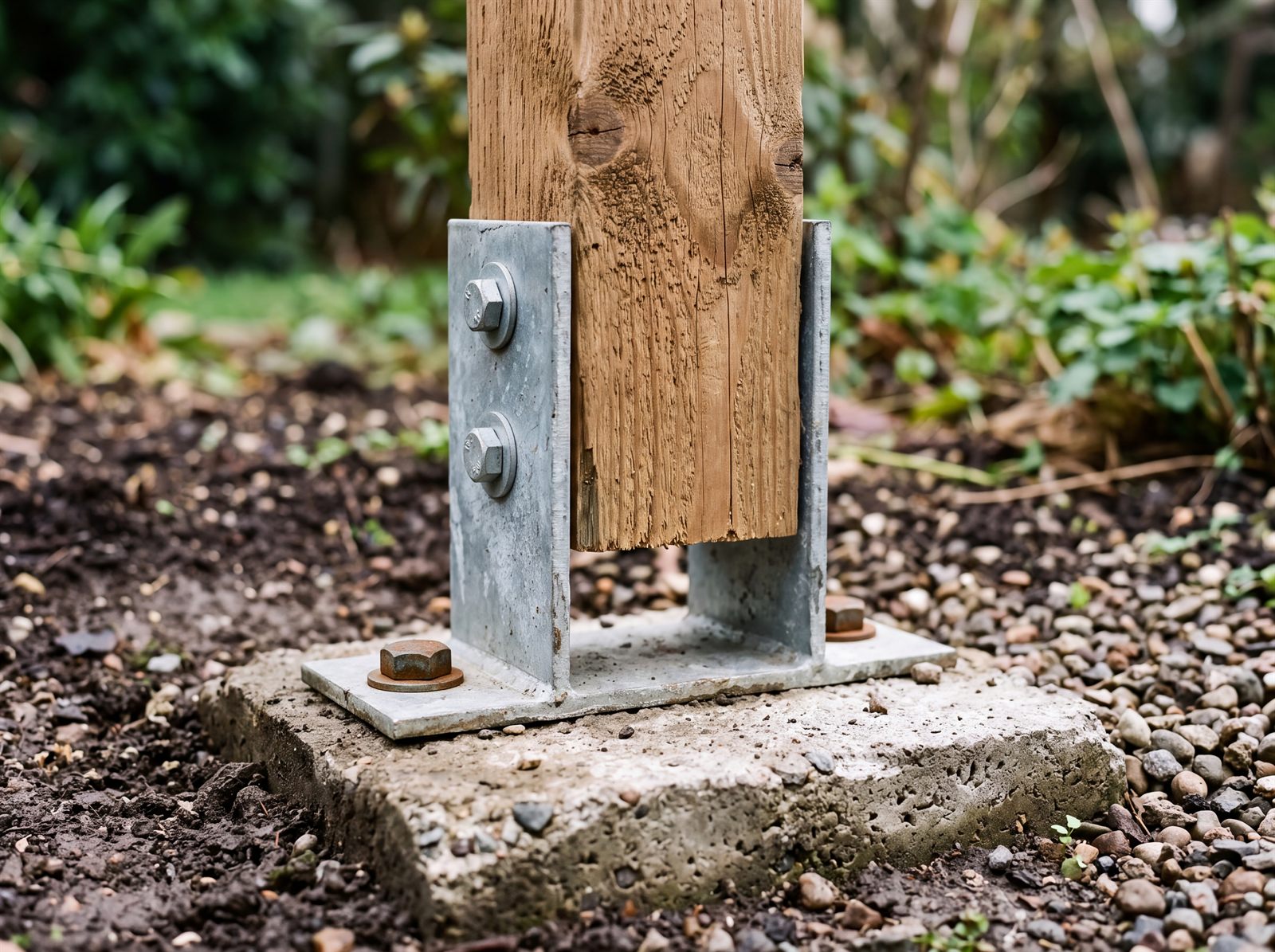 Punktfundament mit feuerverzinktem Pfostenträger und eingesetztem Douglasien-Pfosten für einen Gartenpavillon