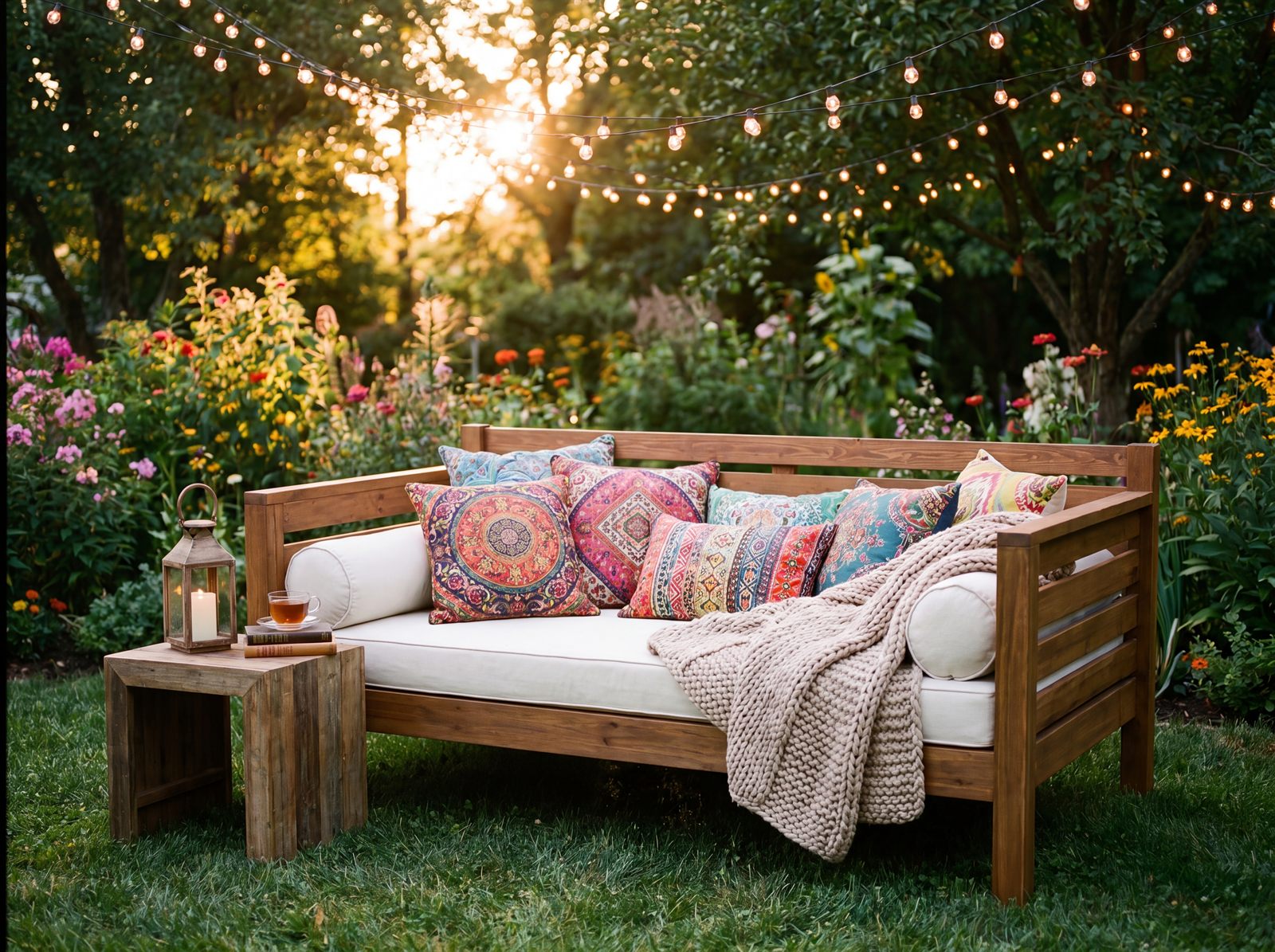 Fertiges selbst gebautes Daybed im Garten mit bunten Outdoor-Kissen