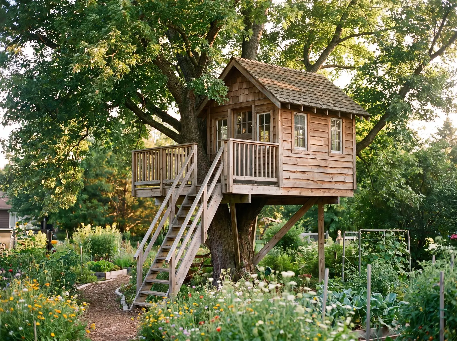 Selbstgebautes Baumhaus aus Holz in einem alten Laubbaum mit Leiter und Geländer im sommerlichen Garten