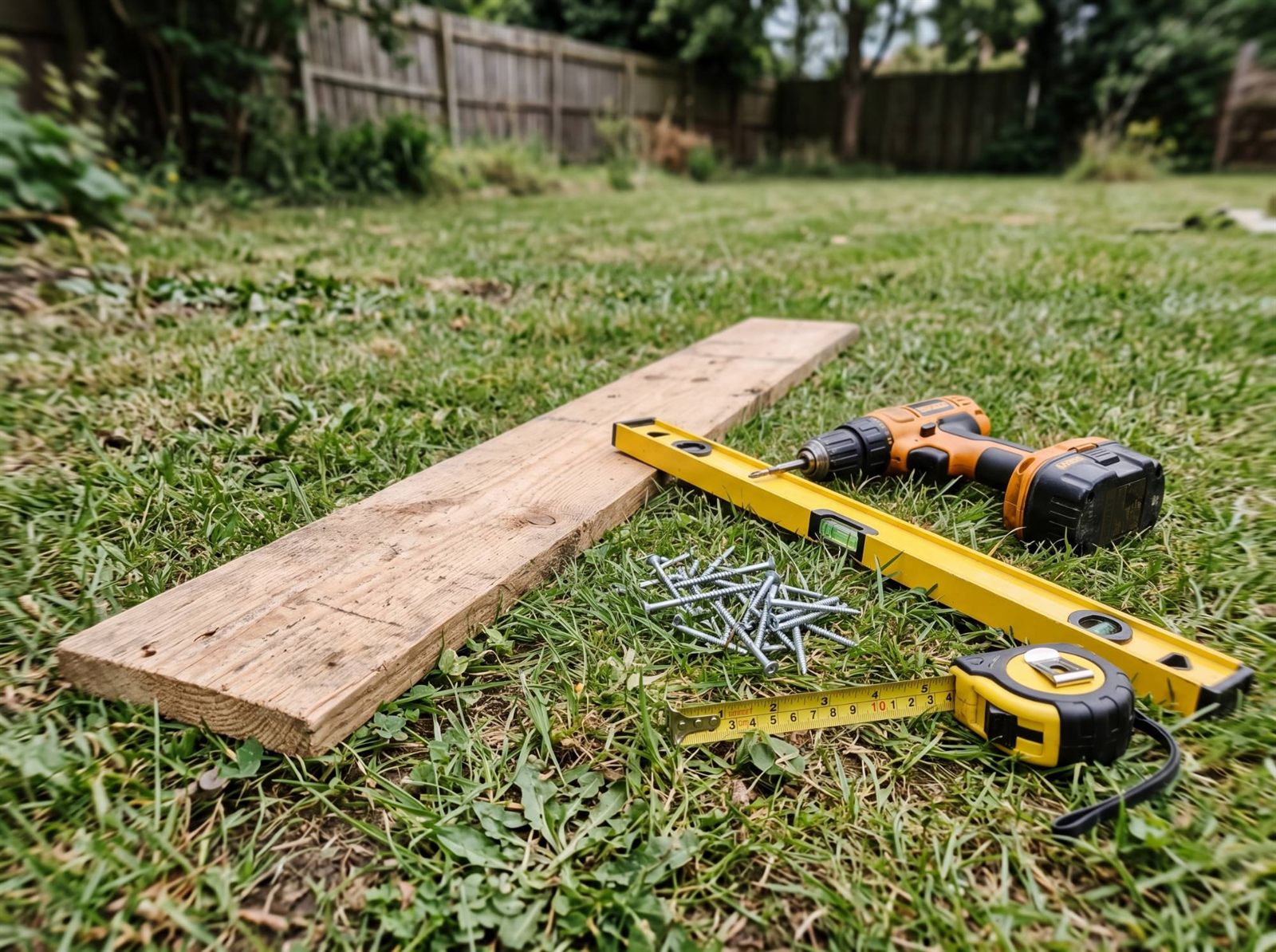Holzbohle, Wasserwaage, Akkuschrauber, Schrauben und Maßband liegen im Gras eines Gartens vor dem Bau eines Spielgeräts