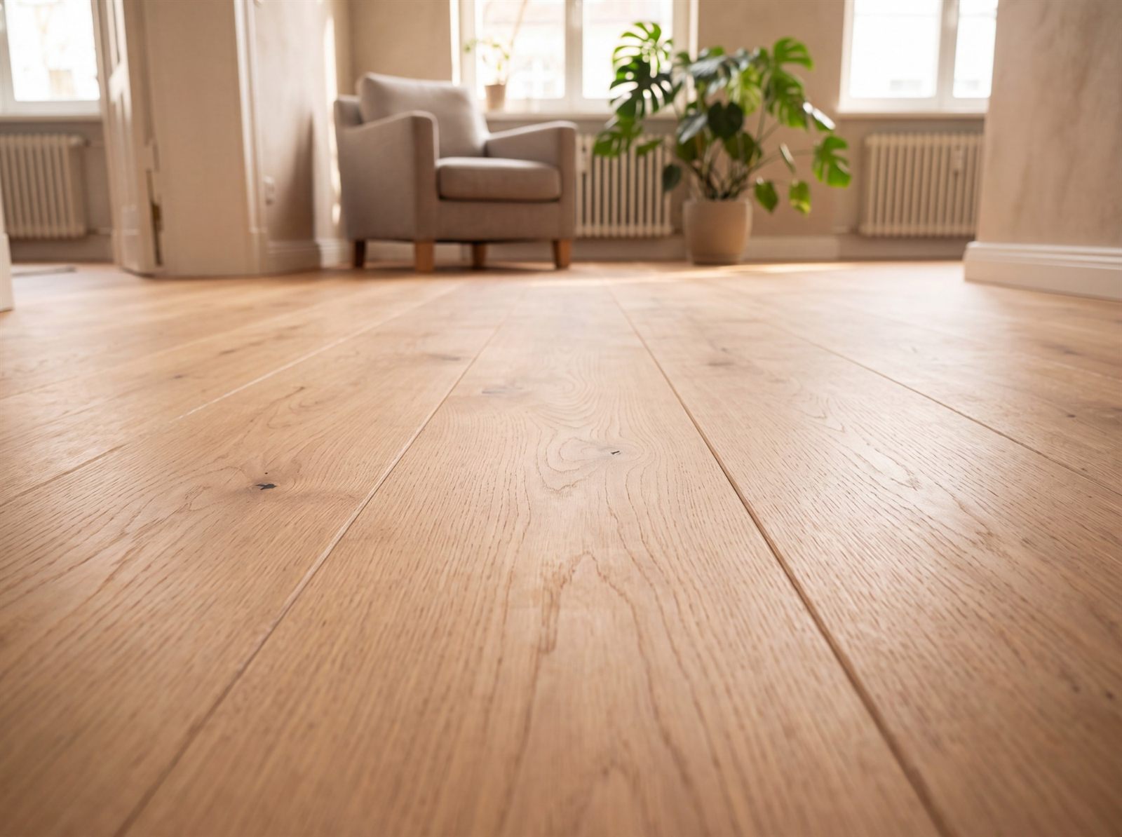 Wohnzimmer mit breiten Holzdielen in hellem Eichenton, im Hintergrund ein Sessel und eine Zimmerpflanze