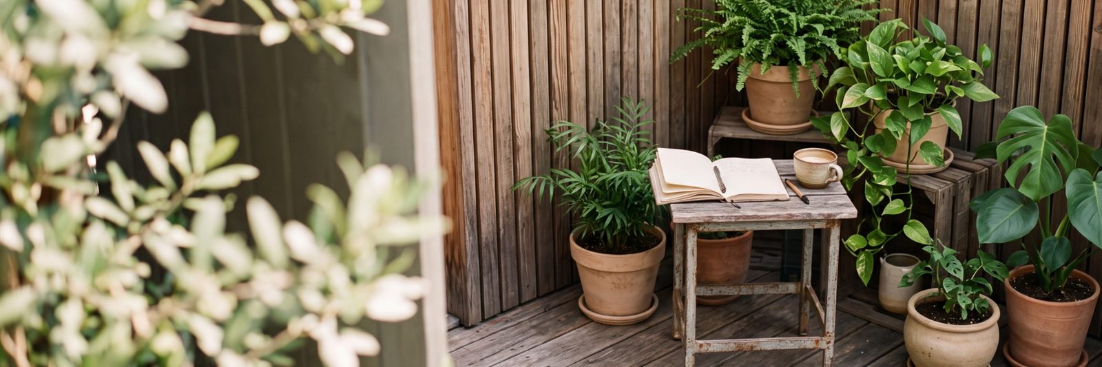 Holzterrasse mit Topfpflanzen, Tisch und Notizbuch vor einer Holzlamellenwand
