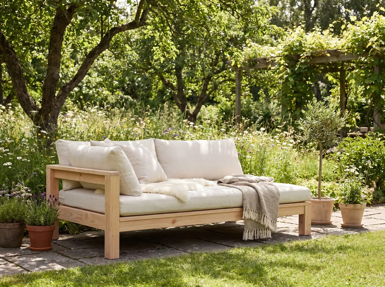 Selbst gebautes Daybed aus Douglasie-Holz im Garten mit Outdoor-Kissen