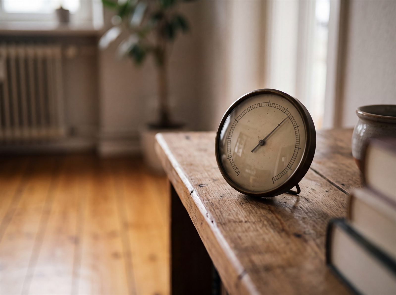 Analoges Hygrometer auf einem Holztisch, im Hintergrund ein Dielenboden und ein Heizkörper