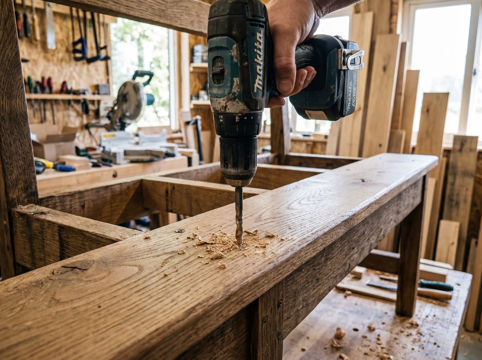 Hand verschraubt ein Sitzbrett auf das Gestell einer Gartenbank im Selbstbau