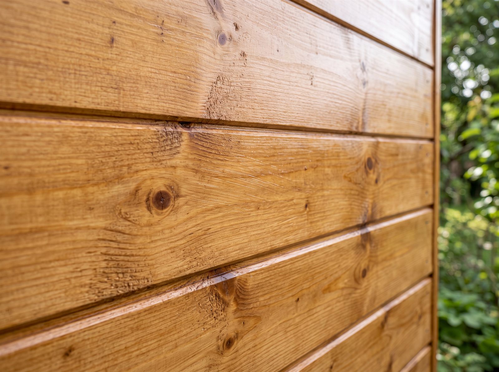 Frisch mit Holzschutzlasur gestrichenes Gartenhaus aus Holz mit sichtbarer Maserung im Garten