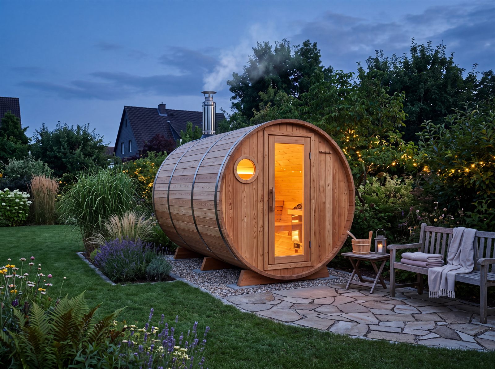 Beleuchtete Fasssauna aus Holz mit Schornstein in einem Garten bei Dämmerung, davor eine Terrasse mit Bank und Saunakübel