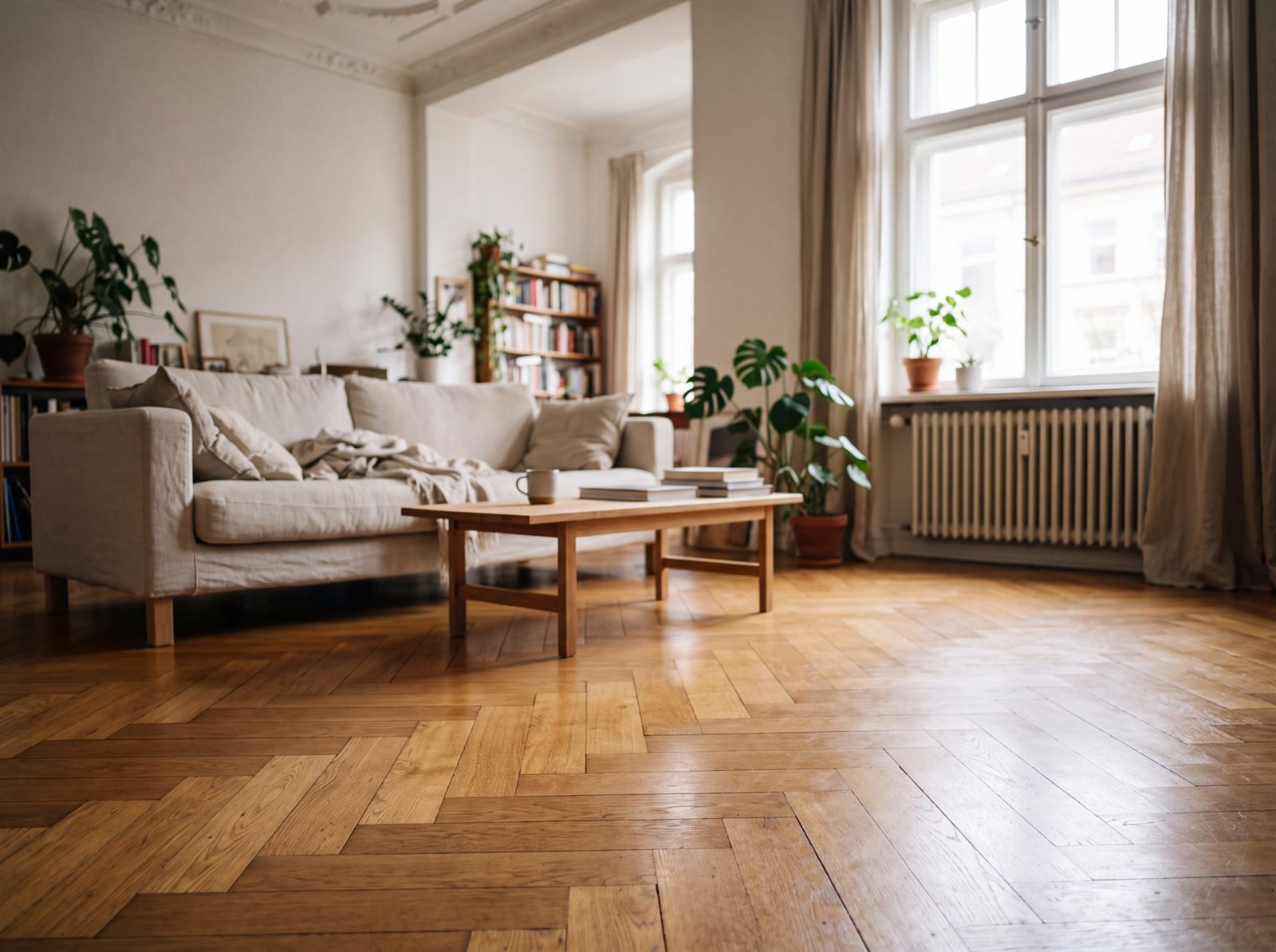 Wohnzimmer mit Fischgrät-Parkett in warmem Eichenton, im Hintergrund Sofa, Couchtisch und Heizkörper