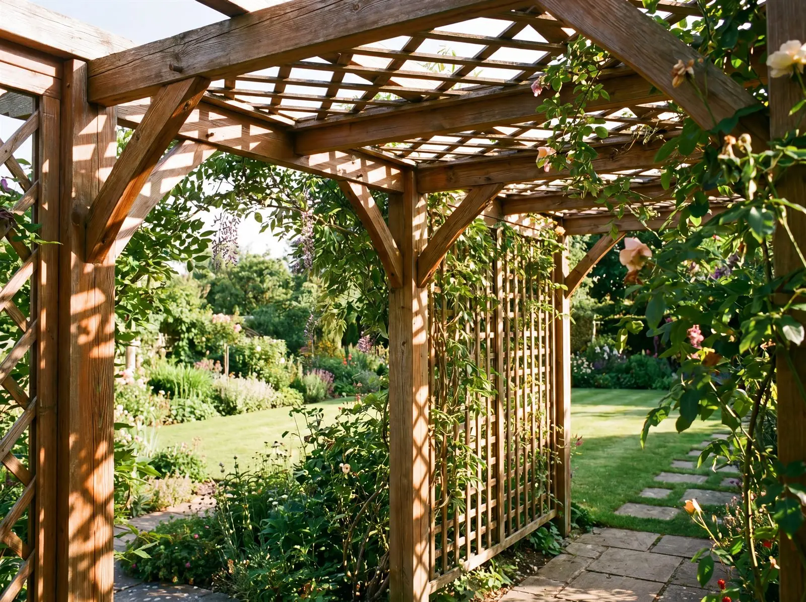 Selbst gebaute Pergola aus Lärchenholz im Garten mit Kletterpflanzen und Sonnenlicht