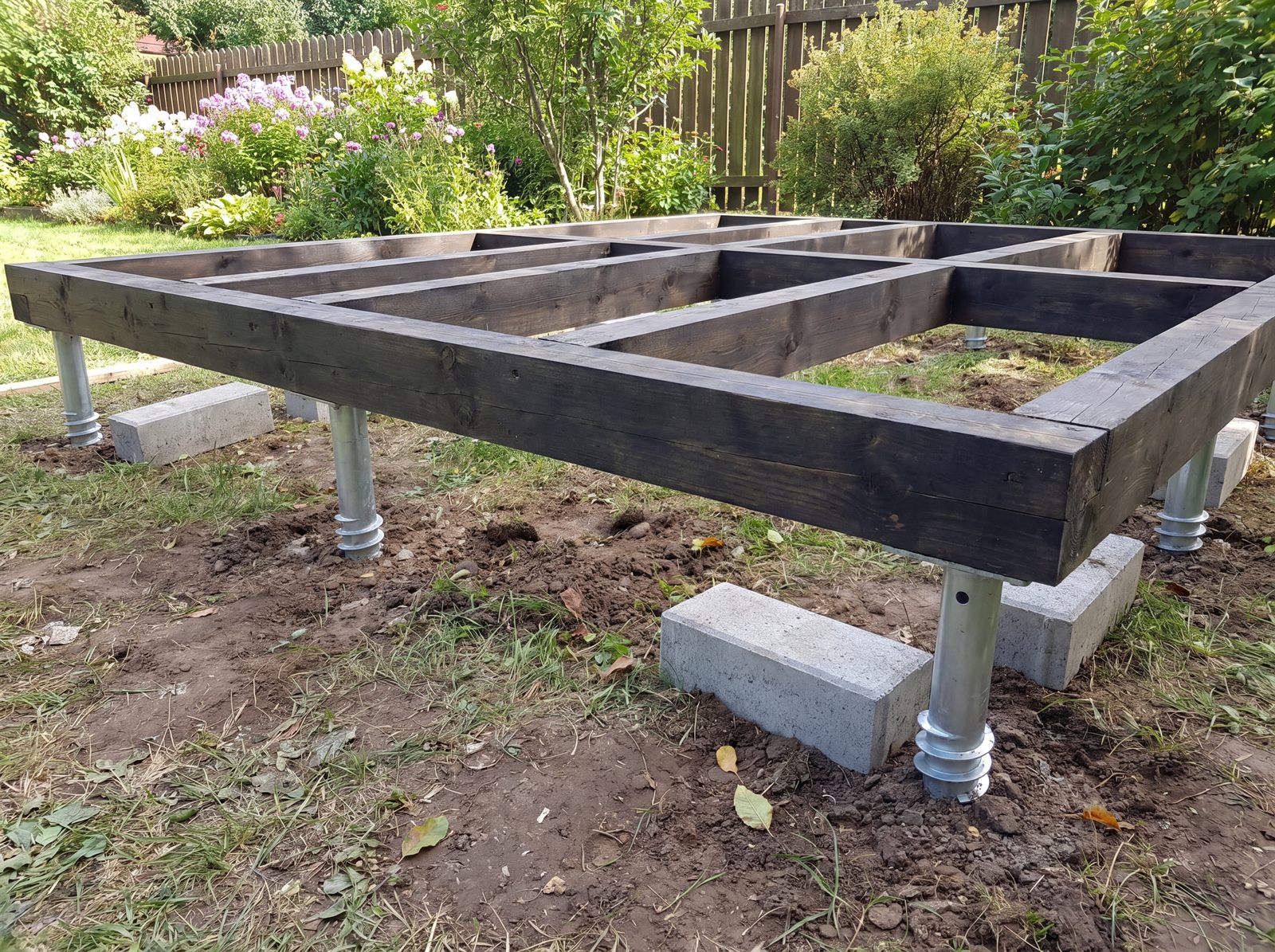 Schraubfundamente und Betonsteine mit aufliegendem Kantholz-Rahmen für den Gartenhaus-Boden