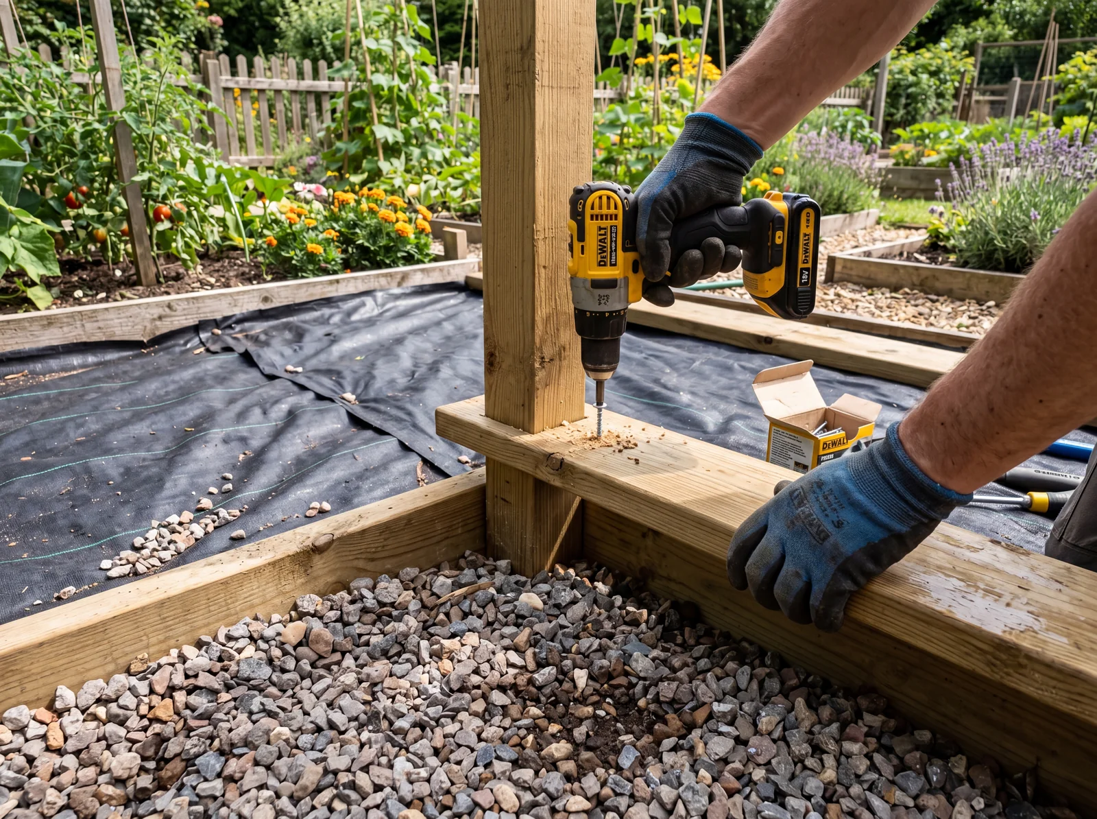 Gartenweg aus Holz anlegen – Holzdielen werden auf Schotterbett befestigt