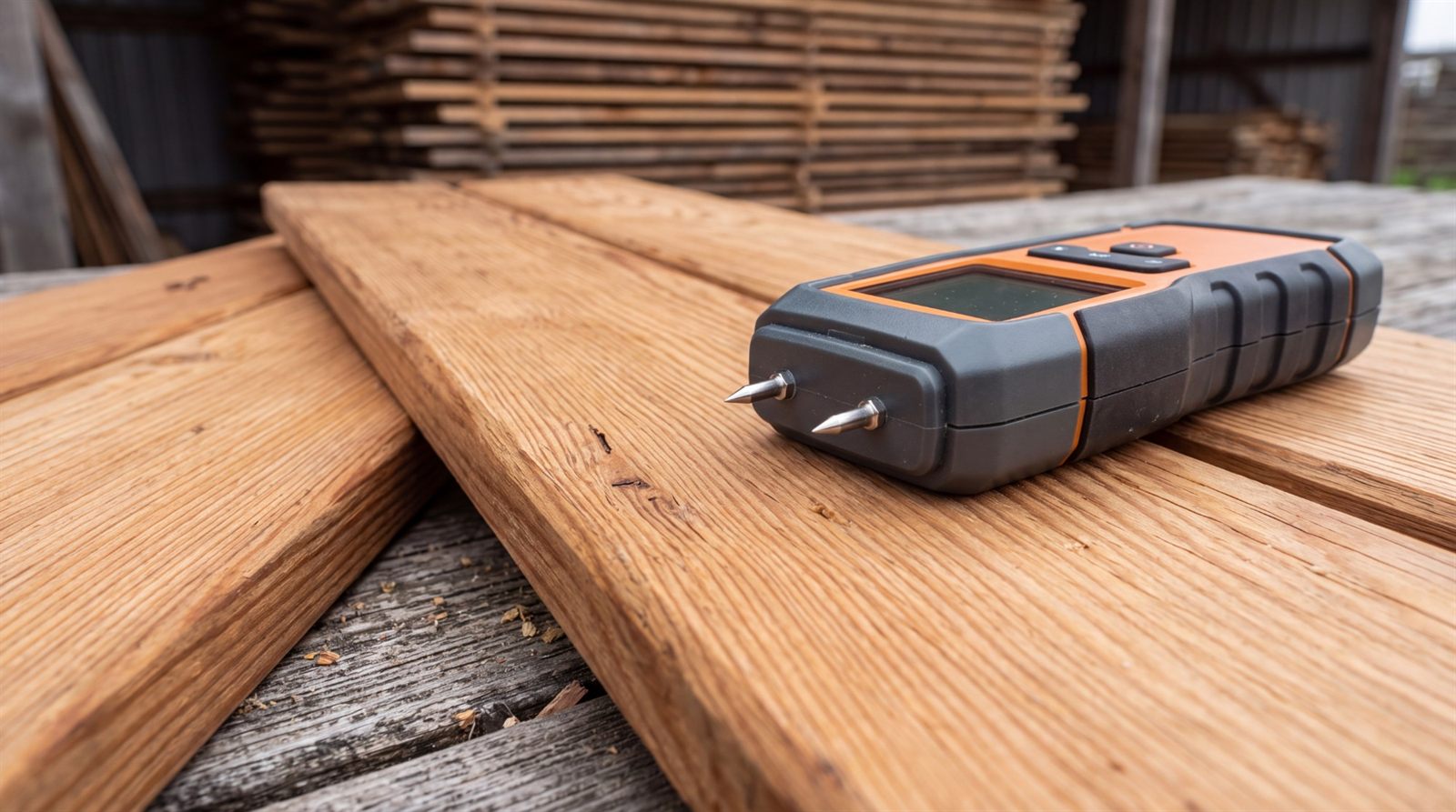 Zwei Terrassendielen aus Lärche auf einem Holztisch, darauf ein Holzfeuchtemessgerät, im Hintergrund ein Holzstapel mit Stapelleisten