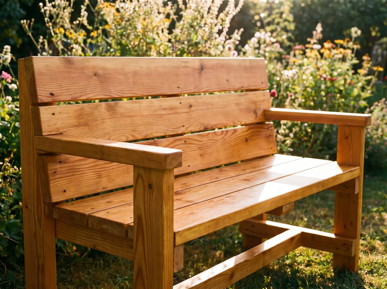 Selbstgebaute Gartenbank aus Lärchenholz mit Rückenlehne im Garten, im Hintergrund Blumenbeet