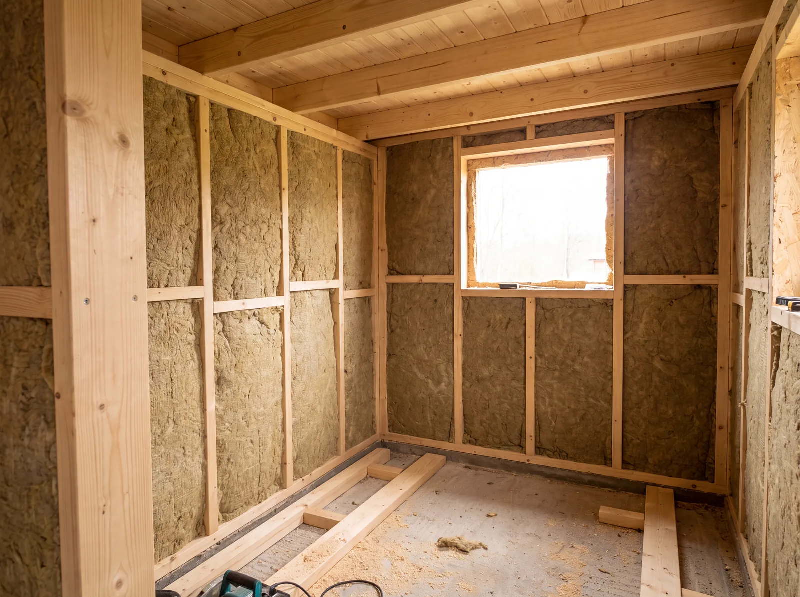 Ständerwerk einer Gartensauna aus Konstruktionsvollholz mit eingelegter Mineralwolle-Dämmung