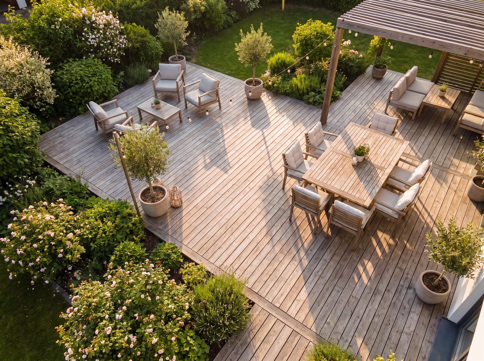 Schöne Holzterrasse aus Lärche mit Gartenmöbeln und Gartenblick - perfekt geplant