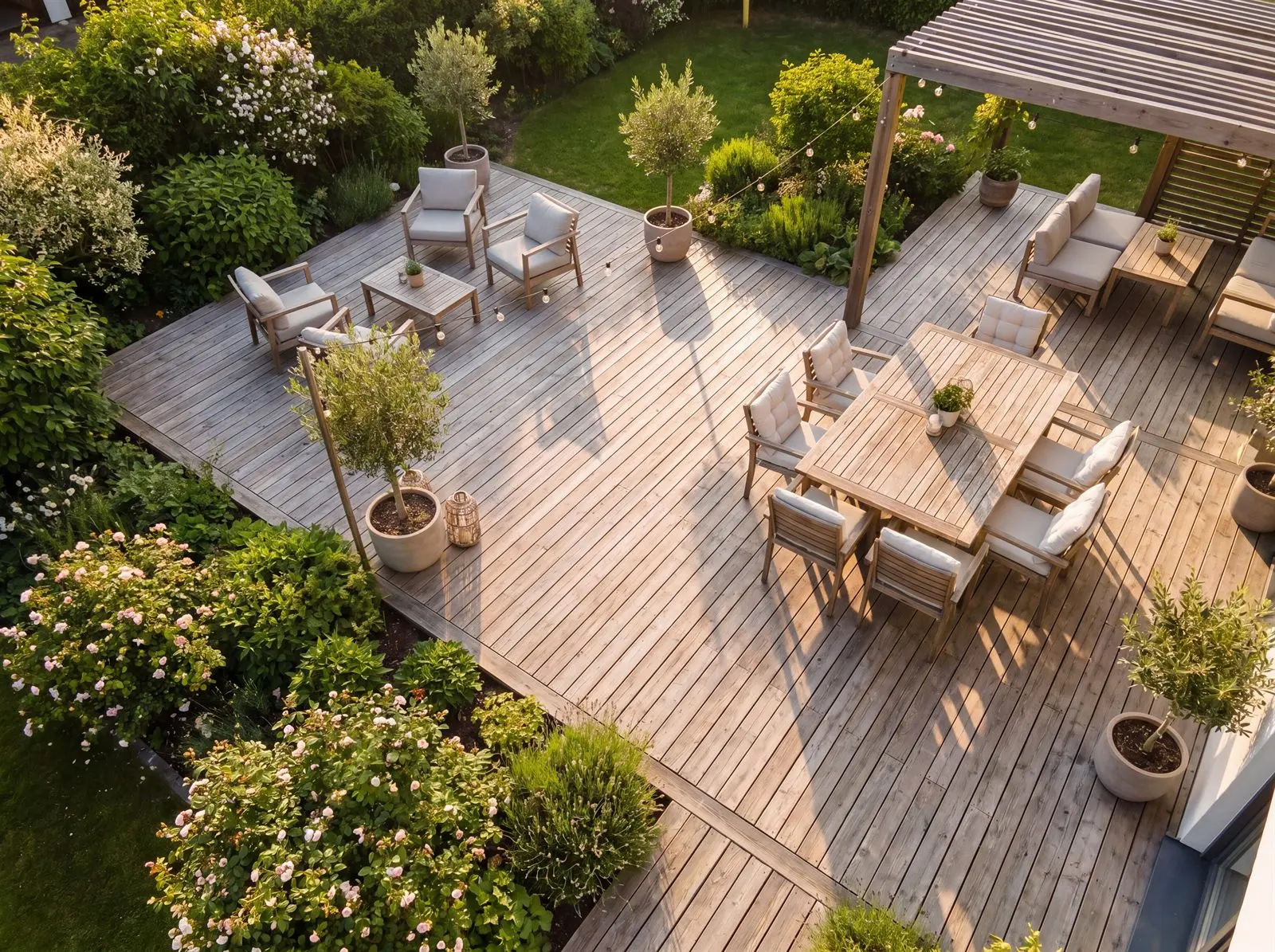 Schöne Holzterrasse aus Lärche mit Gartenmöbeln und Gartenblick - perfekt geplant