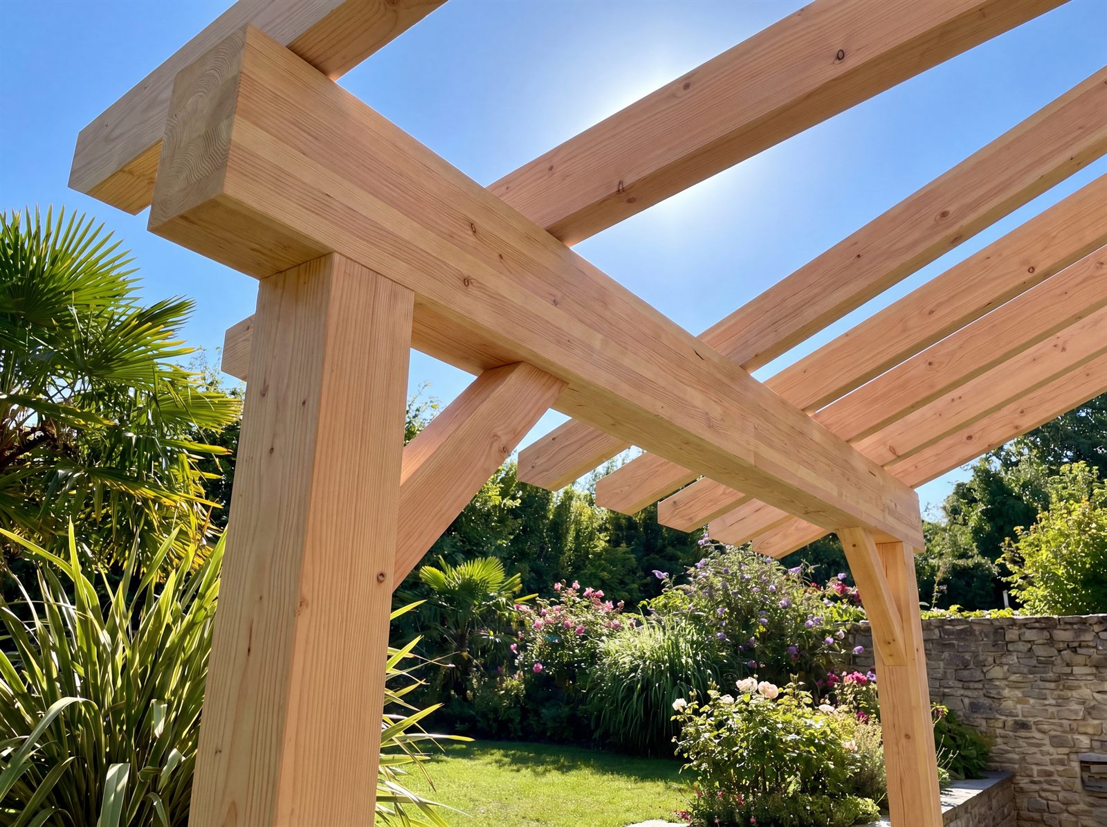 Pergola mit Balken aus KVH und BSH-Pfetten im sonnigen Garten