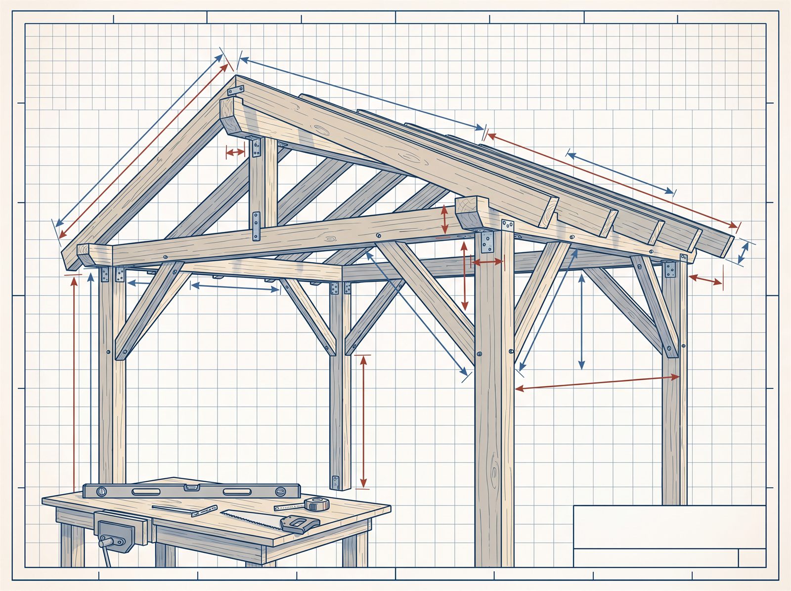 Technische Zeichnung einer Pergola mit eingezeichneten Maßen für Pfosten, Längsbalken und Querriegel