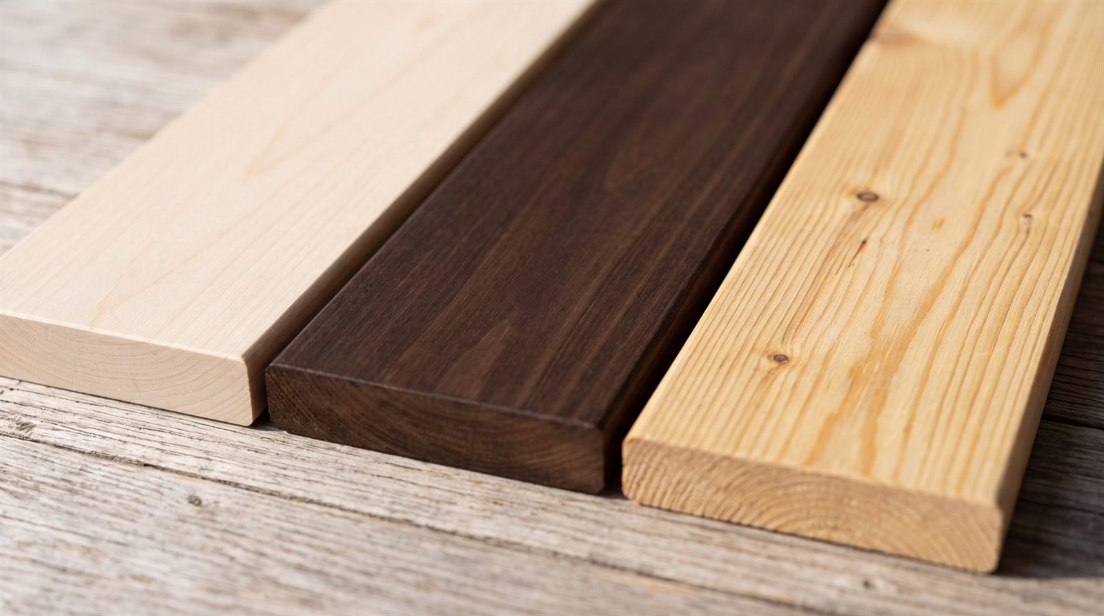 Drei Saunabretter nebeneinander auf einem Holztisch: helle Espe, dunkle Thermoespe und Fichte mit Ästen