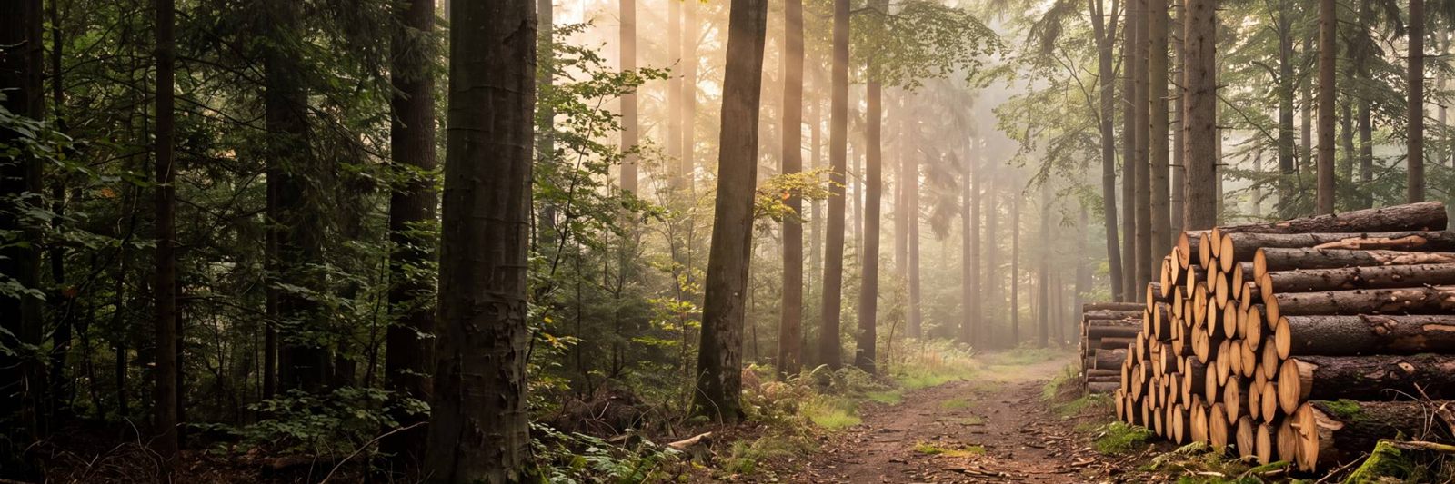 Waldweg im Morgennebel mit Sonnenstrahlen und gestapelten Baumstämmen am Wegrand