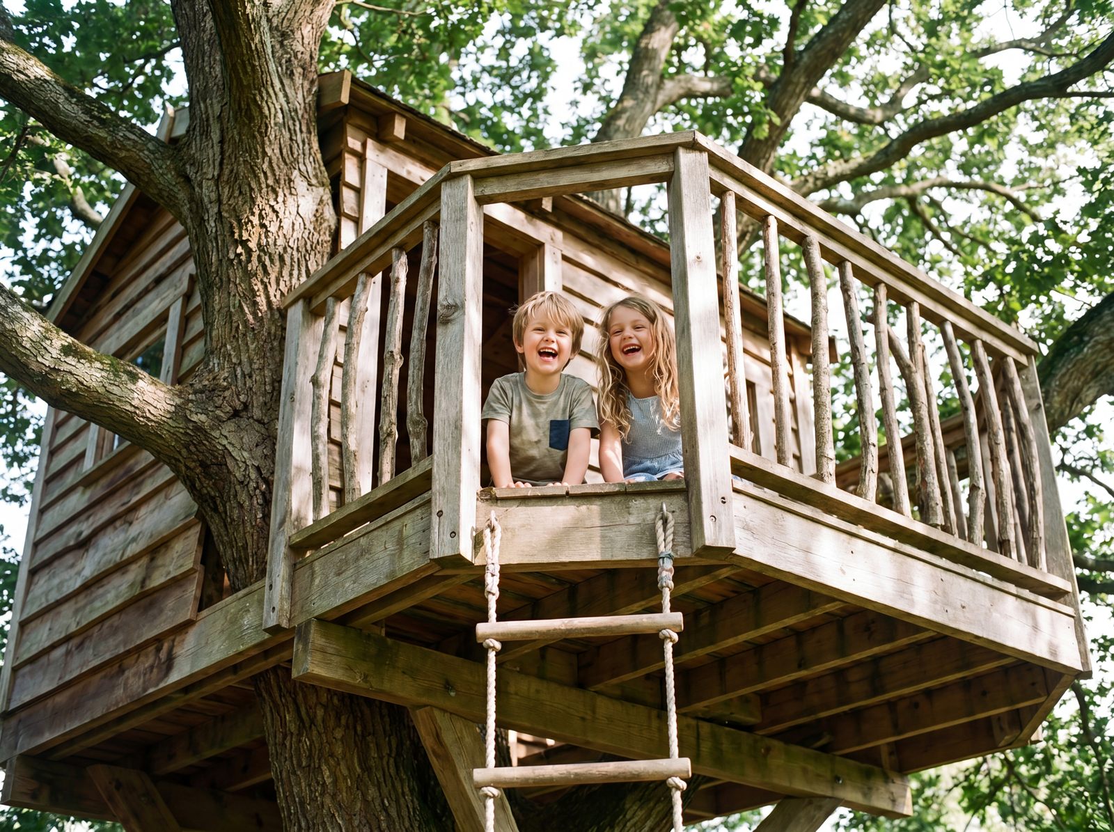 Zwei Kinder spielen fröhlich im fertigen Holz-Baumhaus mit Geländer und Strickleiter