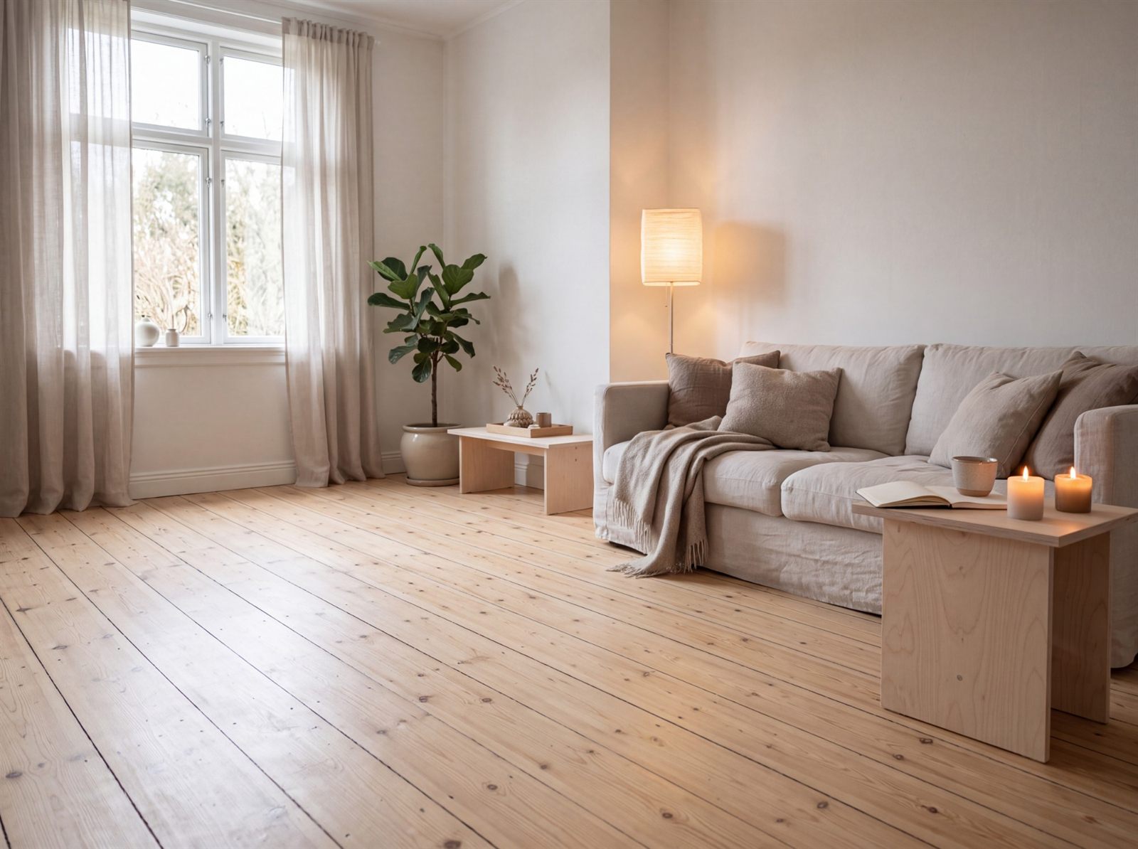Heller Dielenboden aus Holz in einem skandinavisch eingerichteten Wohnzimmer mit weißen Wänden, Leinensofa und warmer Stehlampe