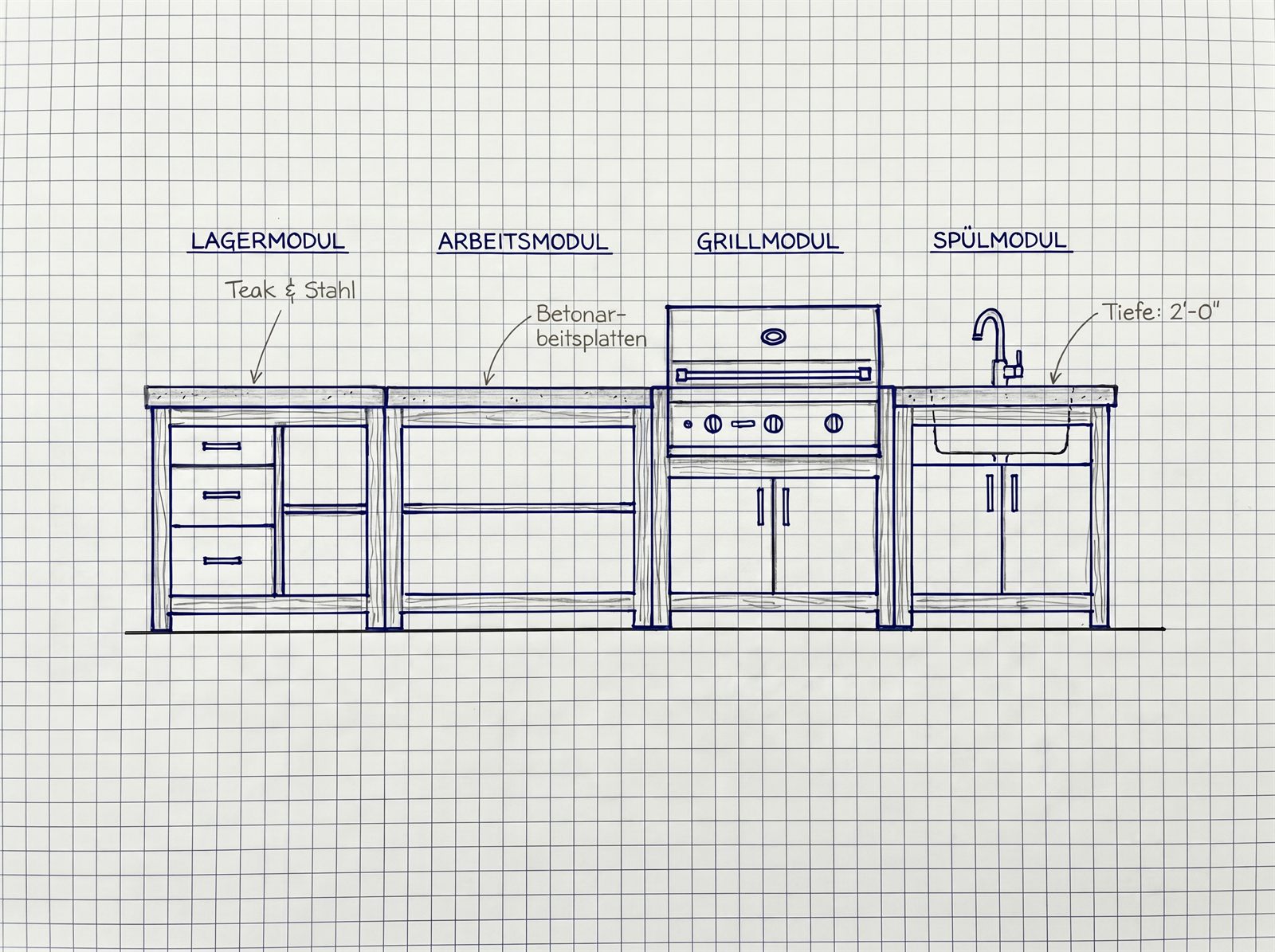 Skizze einer modularen Outdoorküche mit Grillmodul, Spülmodul und Stauraum nebeneinander