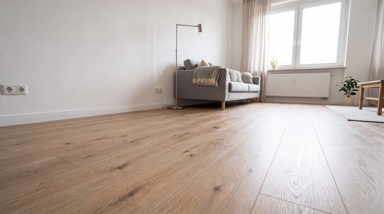 Helles Wohnzimmer mit Vinylboden in Eichenoptik und weißen Sockelleisten an der Wand