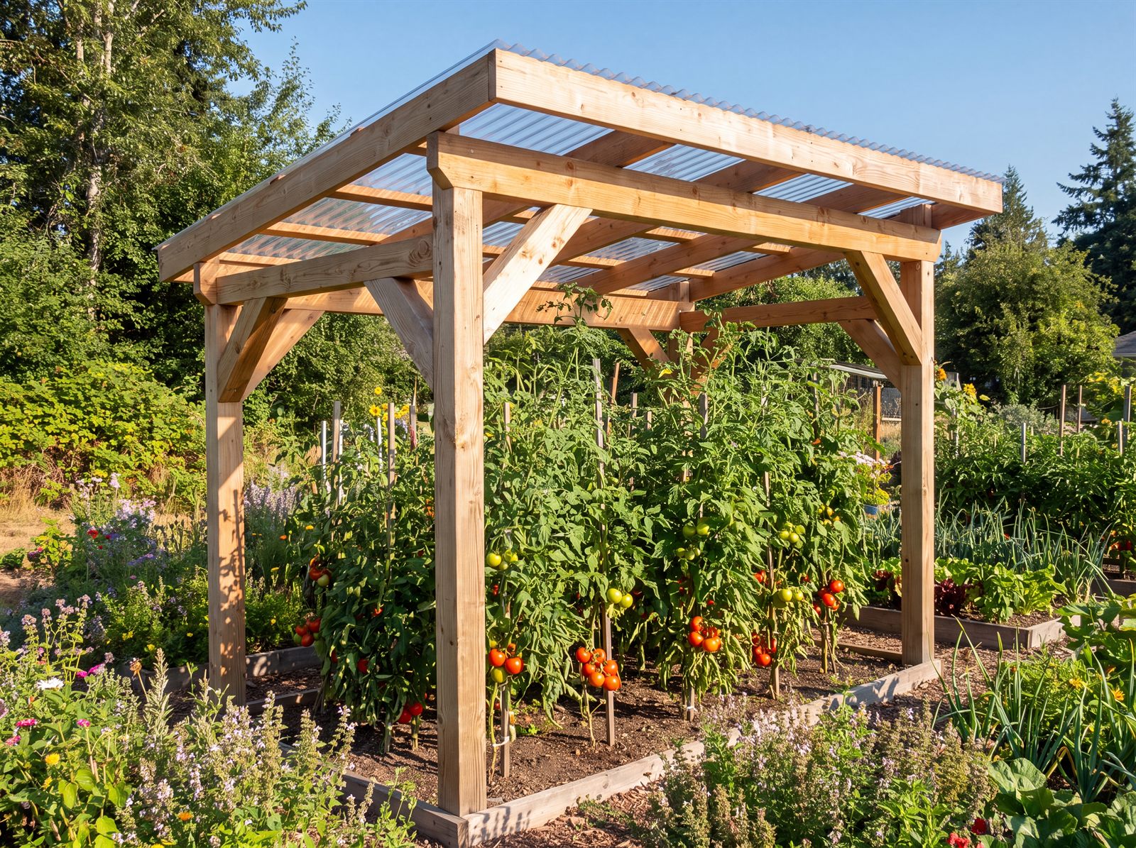 Selbstgebautes Tomatenhaus aus Holz mit Pultdach über Tomatenpflanzen im sonnigen Garten