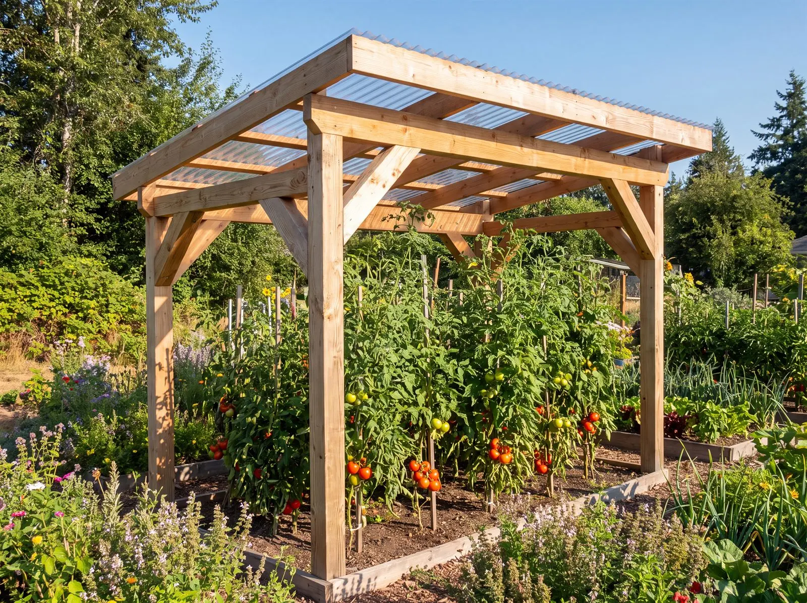 Selbstgebautes Tomatenhaus aus Holz mit Pultdach über Tomatenpflanzen im sonnigen Garten