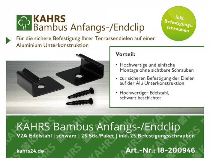 KAHRS Moso-Bambus Anfangs-/ Endclip, V2A, schwarz, 25 Stück/Paket, inkl. Schrauben für Alu-UK_18
