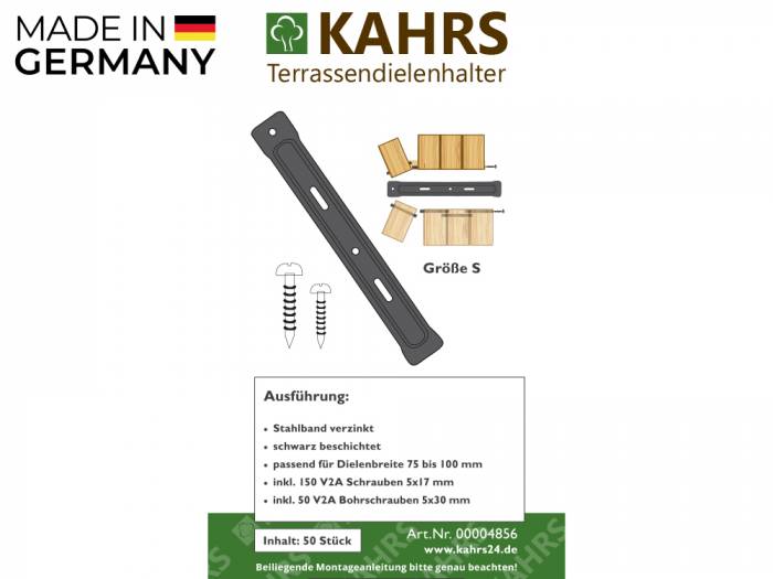 KAHRS Terrassendielen-Halter, 50 Stück, inkl. V2A-Schrauben, Aufbau: 5 mm, für Holz-UK für eine Dielenbreite von 75 - 100 mm_1
