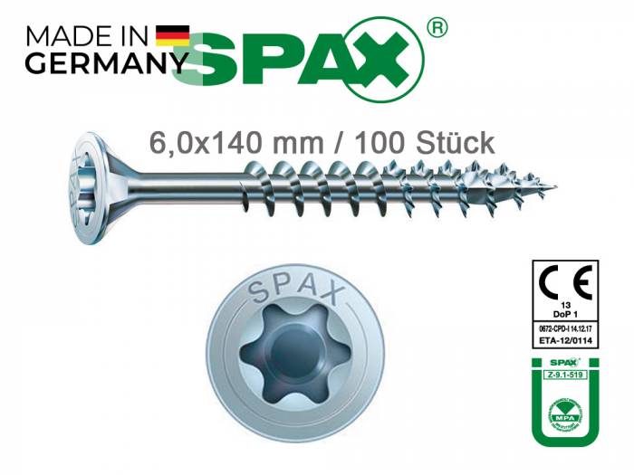 6,0x140 mm Spax Spanplattenschrauben, Senkkopf, T-Star plus verzinkt/Wirox, 100 Stück_1