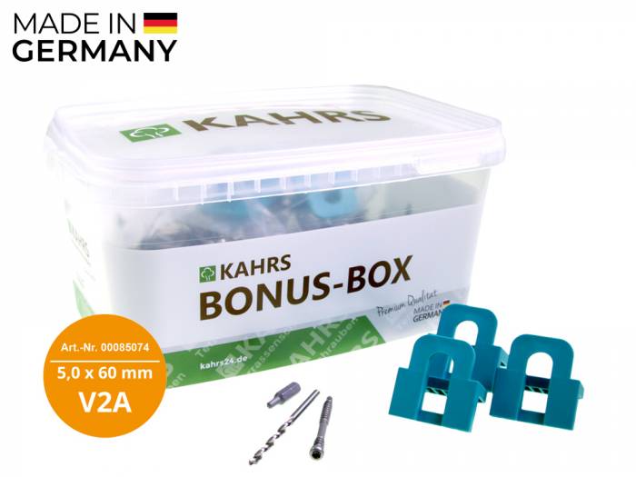 KAHRS Terrassenschrauben Professional Bonusbox 5,0x60 mm, V2A, Zylinderkopf, 500 Stk./Paket, inkl. Bit, 3 Fugenlehren und Bohrer_1
