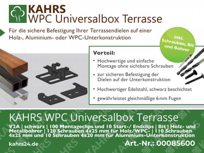 KAHRS WPC Universalbox Terrasse, Montageclip V2A, schwarz, 100 Stck/Paket, inkl. Startclips, Schrauben, Bit und Bohrer_2