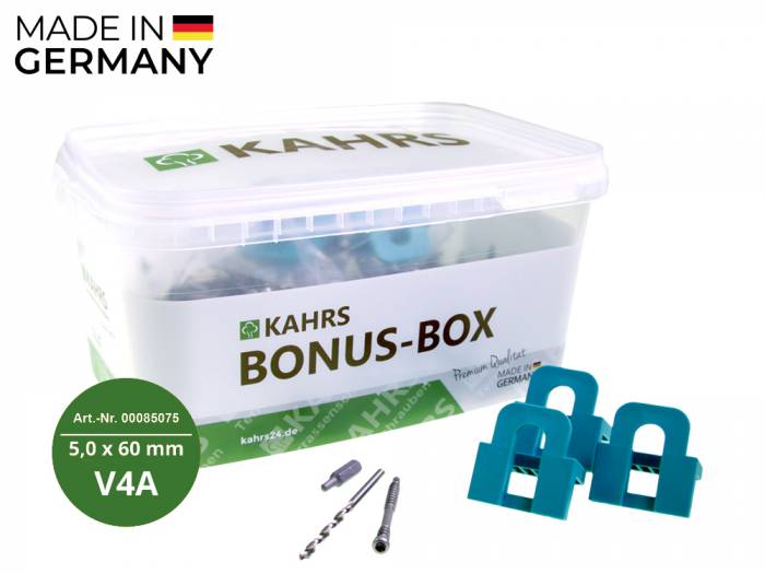 KAHRS Terrassenschrauben Professional Bonusbox 5,0x60 mm, V4A, Zylinderkopf, 500 Stk./Paket, inkl. Bit, 3 Fugenlehren und Bohrer_1