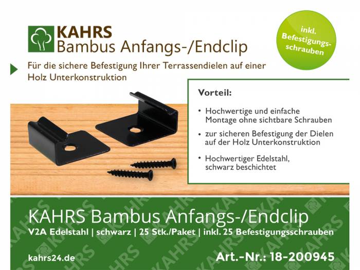 KAHRS Moso-Bambus Anfangs-/ Endclip, V2A, schwarz, 25 Stück/Paket, inkl. Schrauben für Holz-UK_1