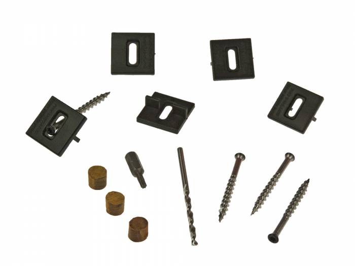 Terrassen T-Clip AD Set schwarz Inklusiv für Holz- UK, 185 Clips, 200 Schrauben schwarz schwarz, 1 Bohrer, 1 Bit, 12 Ipe Plugs_1